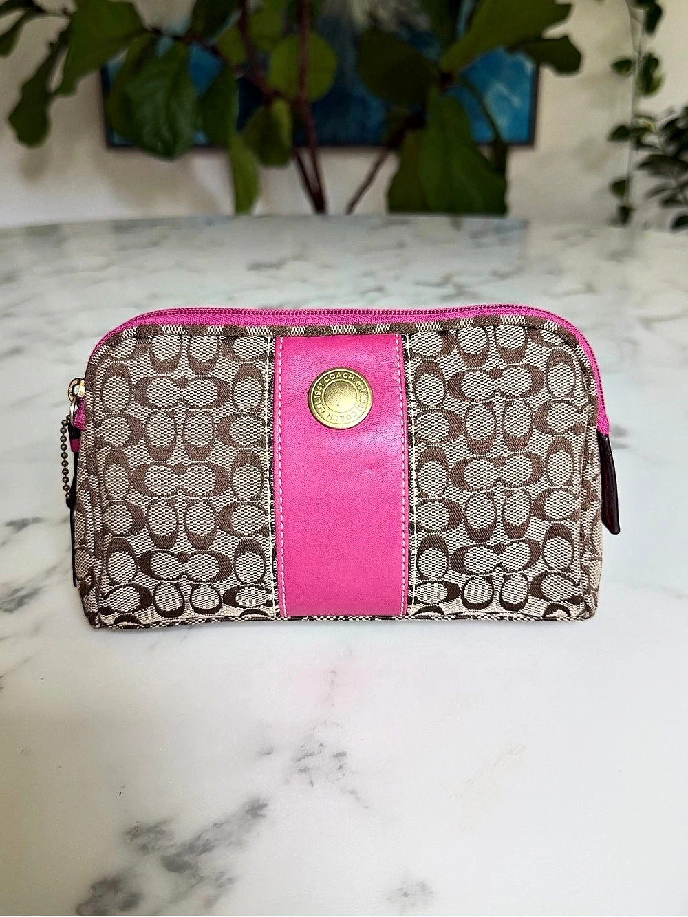 Coach Vintage Y2K Hamptons Mini Signature Cosmetic Bag Zip Pouch Khaki Pink